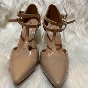 Tan Pointed-Toe T-Strap Heels